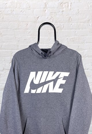 VINTAGE NIKE HOODIE SPELL OUT SWOOSH GREY SMALL