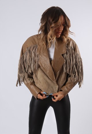 TASSEL FRINGE SUEDE LEATHER JACKET UK 12 (61K)
