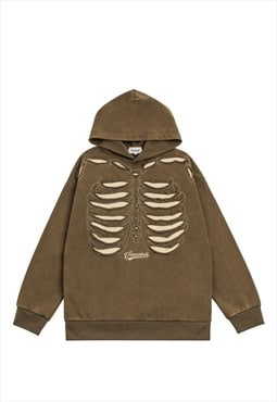 Skeleton hoodie bones pullover old wash punk jumper in brown