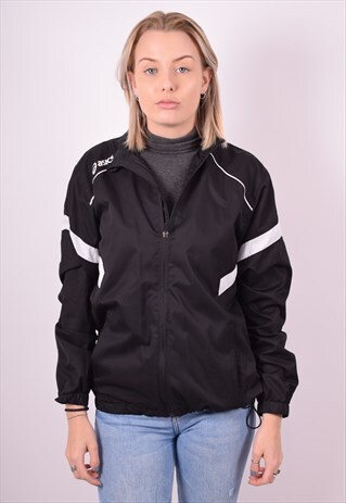 ASICS WOMENS VINTAGE TRACKSUIT TOP JACKET SMALL BLACK 90S