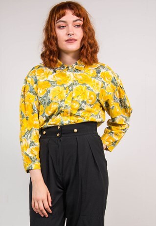 VINTAGE 90'S YELLOW FLORAL SUMMER SHIRT BLOUSE