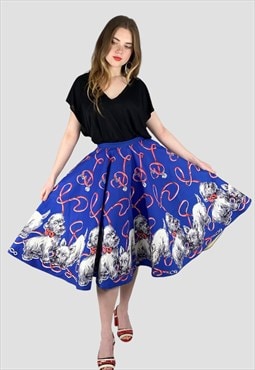 50's Vintage Ladies Blue Dog Print Circular Cotton Skirt