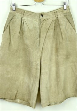 Women's L UK 14 Suede Leather Shorts Long Beige High Waist