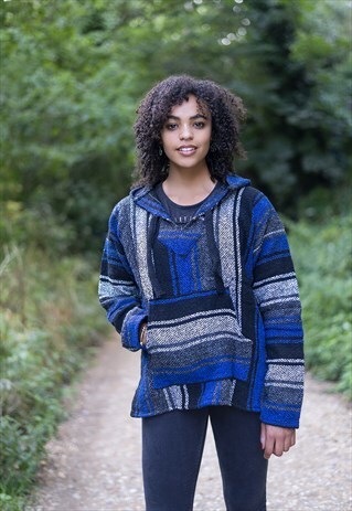 UNISEX BAJA HOODIE HIPPIE JUMPER BLUE MENS LADIES