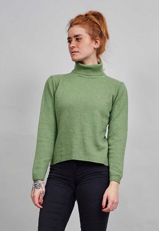 APPLE GREEN VINTAGE CASHMERE FITTED ROLL NECK JUMPER