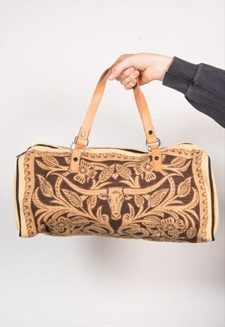 VINTAGE 90'S PATTERNED COW TAPESTRY BARREL BAG HANDBAG