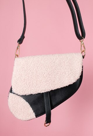 VINTAGE INSPIRED SADDLE BAG CROSS BODY IN BLACK AND PINK