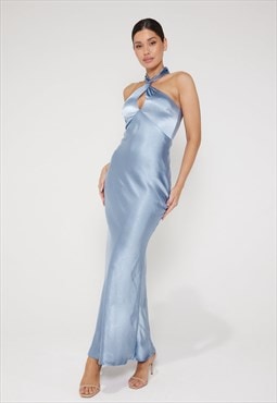 Jessica Halter Neck Keyhole Satin Maxi Dress - Light Blue