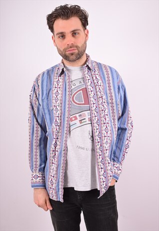 WRANGLER MENS VINTAGE AZTEC PRINT SHIRT MEDIUM BLUE 90'S