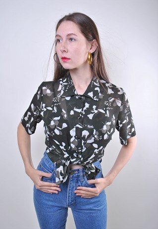 VINTAGE BLACK FLOWERS TRANSPARENT WOMEN BLOUSE, SIZE M