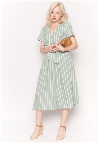 SHORT SLEEVE V NECK MIDI DRESS IN GREEN AND WHITE STRIPE