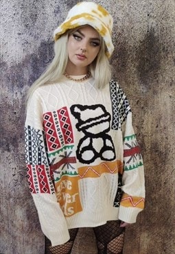 Teddy bear sweater vintage animal print cable jumper white