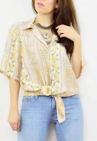 VINTAGE 90S PASTEL TRIBAL FLORAL PRINT SHORT SLEEVED SHIRT