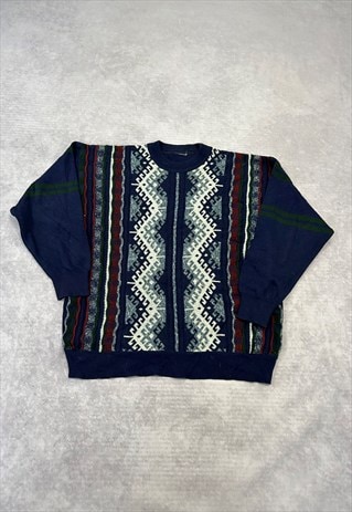 VINTAGE KNITTED JUMPER ABSTRACT 3D PATTERNED GRANDAD SWEATER