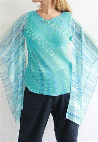 Y2K STYLE BLUE KIMONO STYLE SHEER STRIPES TOP