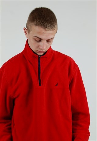 90S NAUTICA 1/4 ZIP RED FLEECE SPELL OUT LOGO SWEATSHIRT