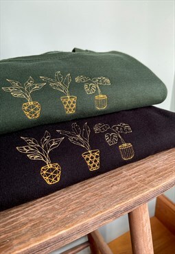 Golden House Plants Embroidered Black Sweatshirt