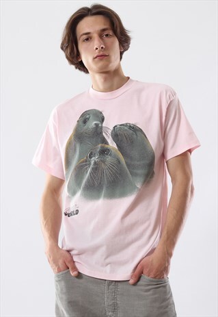 1985 VINTAGE MENS OCEAN WORLD SEALS GRAPHIC TEE T SHIRT PINK