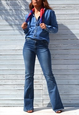 Blue cotton stretch mid waist flared jeans,pants