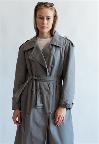 VINTAGE 80S MAXI BELTED TRENCH COAT IN GREY