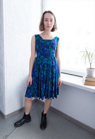 VINTAGE 60'S BLUE/PURPLE ABSTRACT PLEATED DRESS