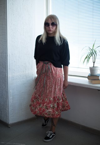 VINTAGE 80'S MIDI RED PATTERNED HIGH WAISTED SKIRT