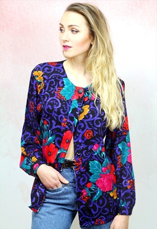 1980S VINTAGE PURPLE WITH MUTLICOLOURED FLORAL BLOUSE