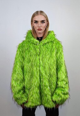 Hooded shaggy faux fur jacket neon bomber bright raver coat 