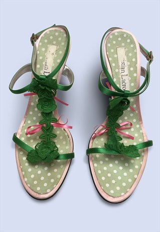 GREEN PINK FLORAL LACE STRAPPY SANDALS HEELS OCCASION PARTY