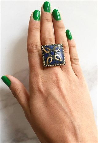 STATEMENT SQUARE BLUE RING BOHEMIAN MOSAIC HANDMADE
