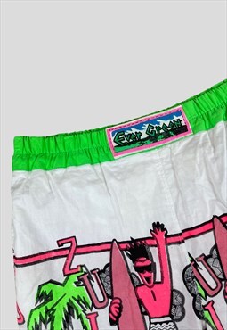 Vintage 90s  Surf shorts  White with all over neon print  