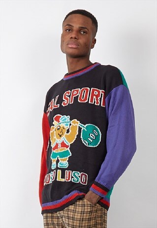 VINTAGE 80'S REAL SPORT INTARSIA STATEMENT KNIT JUMPER