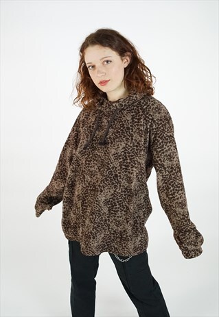 VINTAGE 90S Y2K RAVE FESTIVAL LEOPARD PRINT FUZZY FLEECE