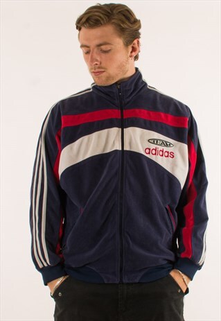 VINTAGE 90S NAVY VELOUR ADIDAS FULL ZIP TRACK TOP SWEATSHIRT