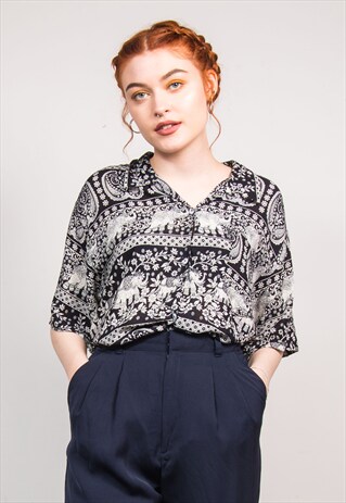 VINTAGE 90'S BLACK ELEPHANT BOHO PATTERN SHIRT