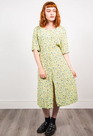 VINTAGE 90'S GREEN FLORAL PATTERN MIDI DRESS