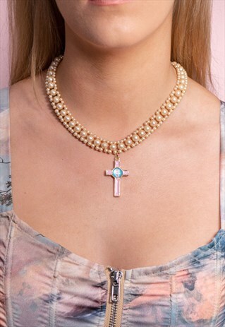 VINTAGE PEARL PINK CROSS NECKLACE