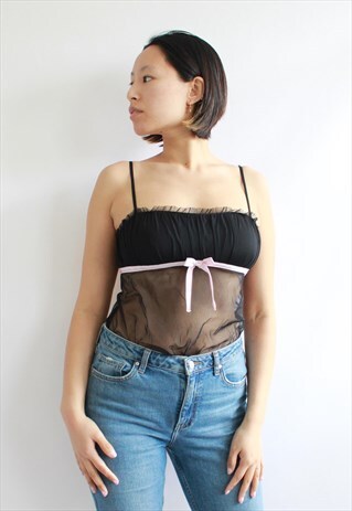 VINTAGE Y2K BLACK NET MESH PLEATED BRA TOP