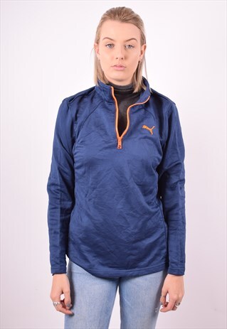 PUMA WOMENS VINTAGE TRACKSUIT TOP SMALL NAVY BLUE 90S