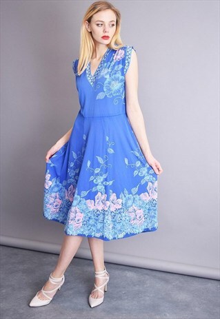 VINTAGE 70'S RETRO FLORAL PATTERN ELEGANT MIDI DRESS