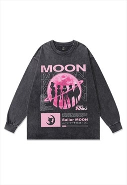 Vintage Moon print t-shirt long sleeve anime top acid grey