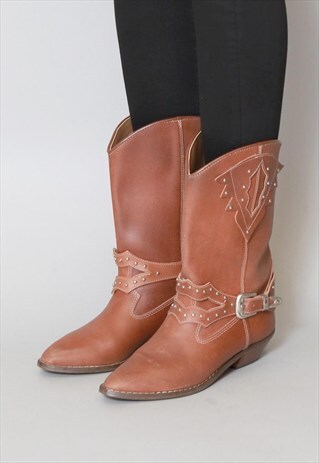 VINTAGE 1990'S BROWN LEATHER BUCKLE COWBOY BOOTS