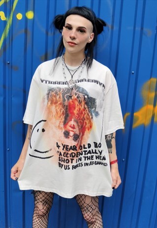 FLAME PRINT TEE GRAFFITI T-SHIRT IN WHITE OVERSIZED FIRE TOP