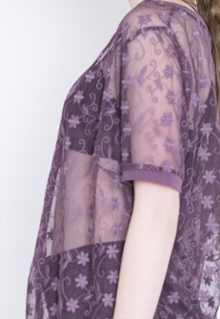 VINTAGE PURPLE FLORAL SEE THROUGH RETRO BLOUSE