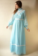 1970's Vintage Turquoise Victoriana Style Boho Maxi Dress
