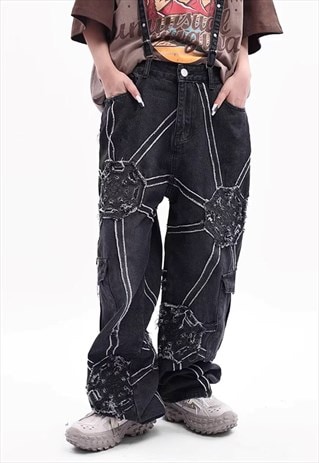 Spider web jeans ripped Gothic denim pants grunge joggers 