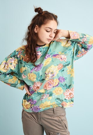 90'S RETRO FLORAL PRINT OVERSIZED TOP BLOUSE