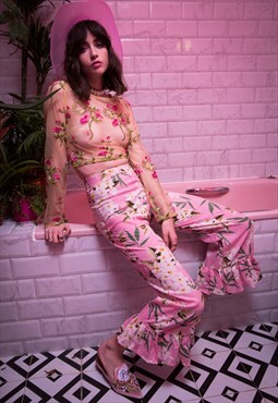 PENELOPE Floral Pink Thrill Flare Trim Pants 