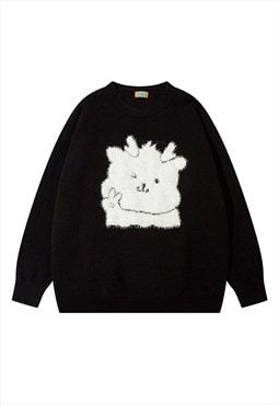 Deer sweater fluffy jumper soft knitted pullover in black