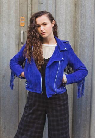 COBALT BLUE SUEDE FRINGE BIKER JACKET